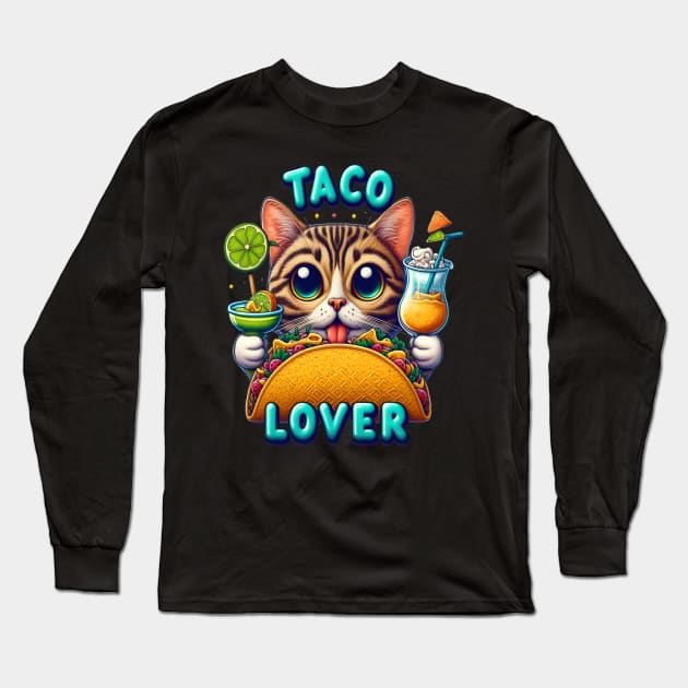 Taco Lover Cat With Refreshing Drink Long Sleeve T-Shirt by coollooks